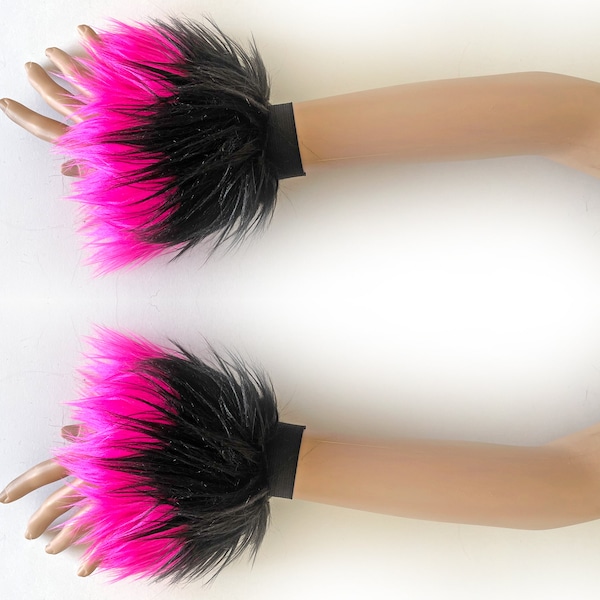 Black Hot Pink Furry Wrist Cuffs, Fur Hand Warmers Fluffies