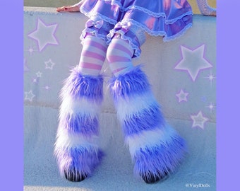 Pastel Purple White Striped Rave Furry Leg Warmers Lilac Raver Fluffies