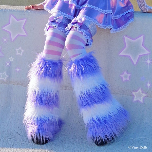 Pastel Purple White Striped Rave Furry Leg Warmers Lilac Raver Fluffies