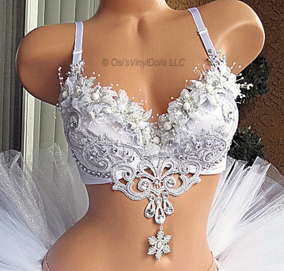 Silver White Winter Wonderland Rave Bra, Ice Princess, Snow Angel,  Christmas, Bachelorette Bridal Bra 