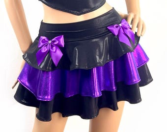 Schwarz & Lila Lagenlook Rock, Skater Rock Spandex, Kawaii Gothic mit Schleifen