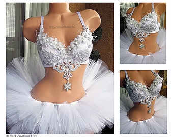 Winter Wonderland Rave Outfit, Silver Bra and Tulle TuTu, Snow Angel Costume