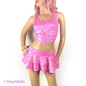 Neon Candy Pink Silver Mermaid Set, Crop Top and Mini Skirt, Festival Outfit, Kawaii Rave Set
