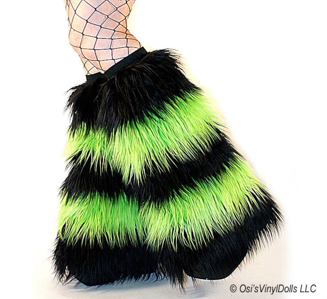 Gogo Dancer Fluffies Raver Furry Leg Warmers Striped Black Lime
