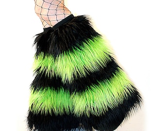 GoGo Dancer Fluffies Raver Furry Leg Warmers Striped Black Lime Green Cyber Fluffies