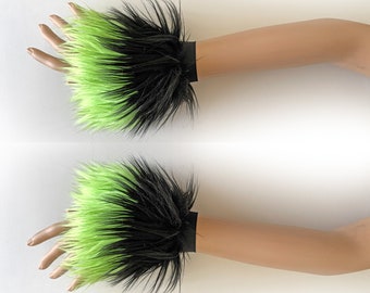 Black Lime Green Fluffy Wrist Cuffs, Fur Hand Warmers Fluffies