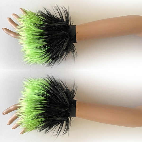 Black Lime Green Fluffy Wrist Cuffs, Fur Hand Warmers Fluffies