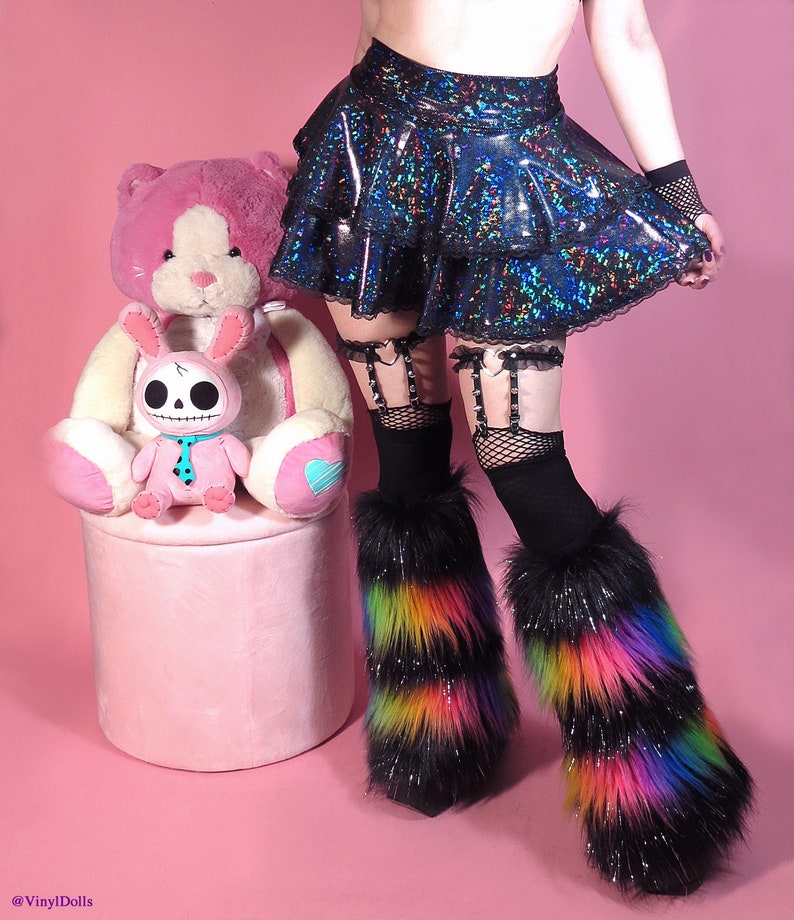 Sparkle Black and Rainbow Furry Leg warmers, Rave Fluffies image 2