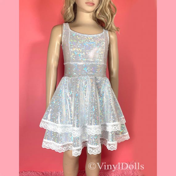 Sparkle White Girls Dress Silver White Skater Dress Party Dress Sparkly Shiny Holographic Child Dress