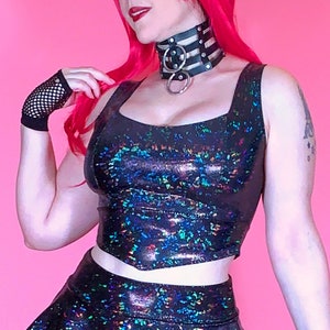 Black Holographic Crop Top, Shattered Glass Spandex, Goth Fashion, Rave Wear, Festival Outfit