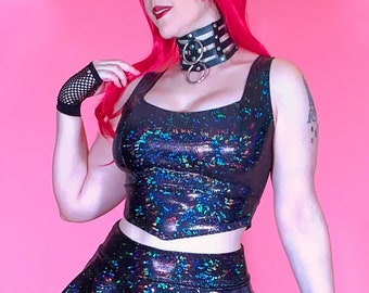 Black Holographic Crop Top, Shattered Glass Spandex, Goth Fashion, Rave Wear, Festival Outfit