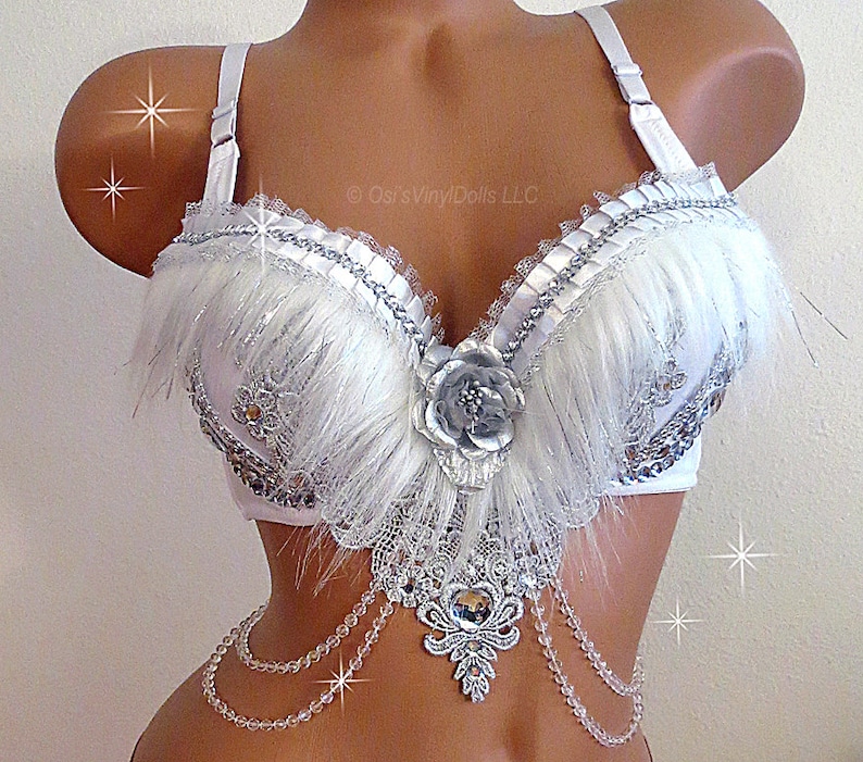 Winter Wonderland Rave Bra White Bra, Crystals, Snow Angel, NYE, Dance Wear, White Wonderland, White Goddess, EDM Bra, Burlesque Bra image 1