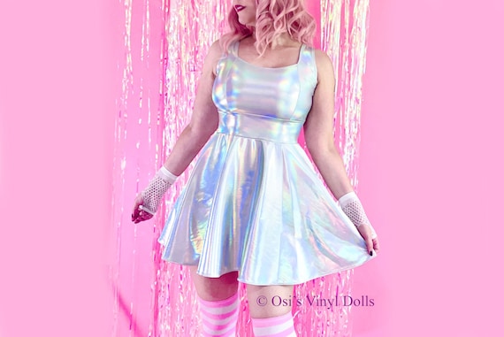 Silver Holographic Dress, Festival Rave Wear, Reflective Hologram