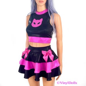 Conjunto Pink Black Kitty - Top com gola e saia skater em camadas, Kawaii Goth, Pastel Goth, roupa casual Lolita