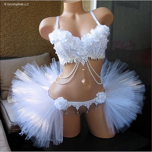 White Roses Rave Outfit Bra, Half TuTu Bustle, Winter Wonderland, Snow Angel, Bachelorette Bridal Outfit