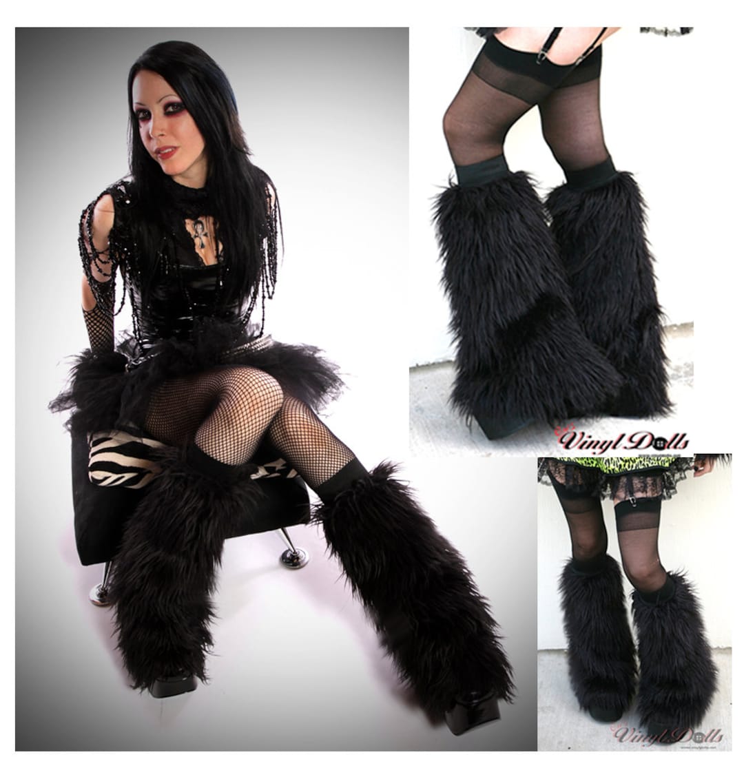 Black Furry Leg Warmers, Fluffy Boot Covers, Rave Wear Faux Fur