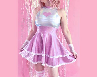 Pink Silver Heart Dress, Holographic Dress, Kawaii Festival Wear