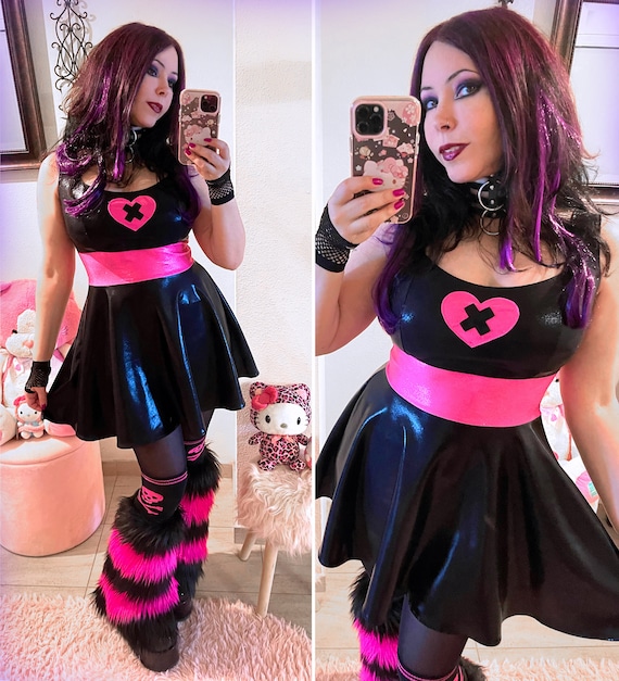 X Heart Dress Sparkle Black Pink Kawaii Goth Dress Alternative Wear Pastel Goth Style Dress