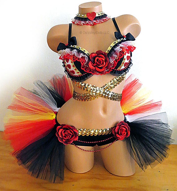 Queen of Hearts Rave Outfit, Costume Bra, Half Tutu, Collar, Alice