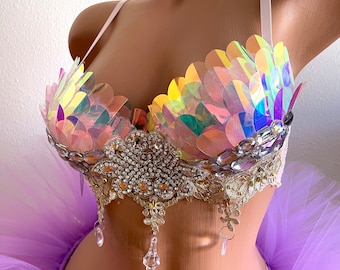 Sujetador rave de lentejuelas iridiscentes, disfraz holográfico para festivales, cosplay de sirena