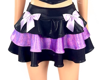 Schwarz & Fliederfarbener Skater Rock, Kawaii Goth, Schleifen