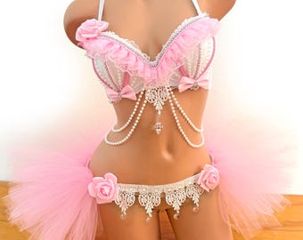 Pink White Rave Kawaii Outfit - Ruffled Lace Bra and Tulle Skirt Set