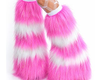 Sparkle Rave Fluffies Striped Candy Pink and White Furry leg warmers