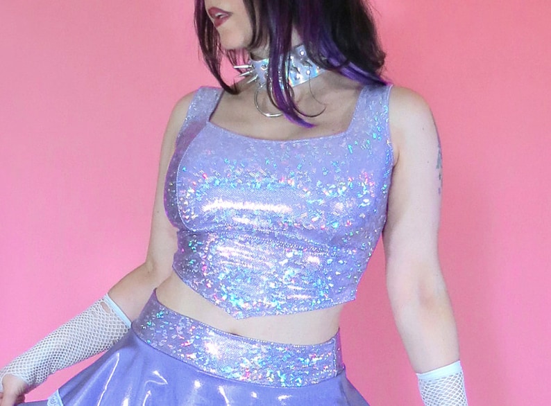 Lilac Holographic Crop Top, Shattered Glass Spandex, Fairy Kei Kawaii Pastel Fashion, Rave Wear, Festival Outfit image 1