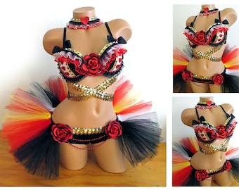 Queen of Hearts Rave Outfit, Bra, TuTu, Collar, Halloween Costume