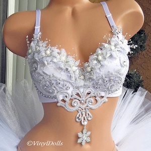 Silver White Winter Wonderland Rave Bra, Ice Princess, Snow Angel, Christmas, Bachelorette Bridal Bra