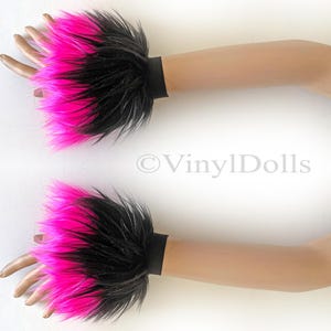 Punhos peludos rosa choque pretos, aquecedores de mãos de pele fofos