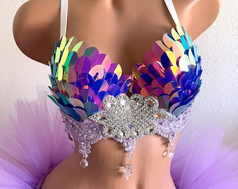 Sujetador rave violeta lavanda iridiscente reflectante, sujetador holográfico para festivales