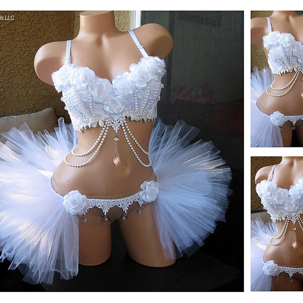 Rave Outfit, White Roses Rave Bra, Half TuTu Bustle, Ice Princess, Snow Angel, Bachelorette Bridal Outfit