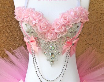 Pink Roses rave-bh: zilveren applicatie, parels, kristallen - pastelkleurige bloemenbh