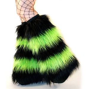 Striped Black and Lime Green Fluffies Faux Fur Boot Covers, Leg Warmers