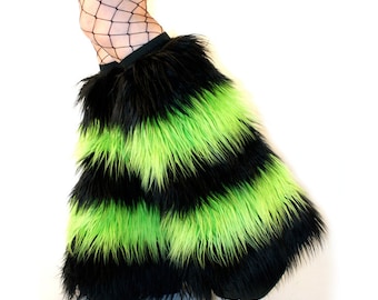 Striped Black and Lime Green Fluffies Faux Fur Boot Covers, Leg Warmers