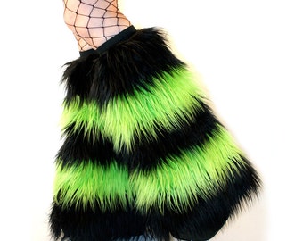 Striped Black and Lime Green Fluffies Faux Fur Boot Covers, Leg Warmers