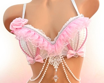 Roze witte Coquette Kawaii-bh, Rave Festival Wear