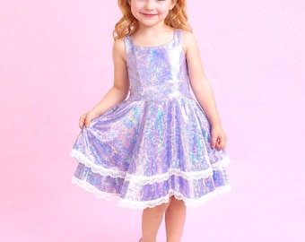 Sparkle Lilac Girls Skater Dress, Holographic Party Dress