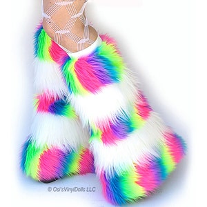 Fluffies Stripy UV Neon Rainbow White Rave Furry Leg Warmers, Trippy Rave Wear, Carnival Wear, EDM, Electric Daisy