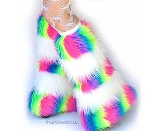 Fluffies Stripy UV Neon Rainbow White Rave Furry Leg Warmers, Trippy Rave Wear, Carnival Wear, EDM, Electric Daisy