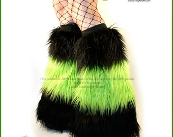 Rave Furry Leg Warmers Black Lime Green Fluffies Fuzzy Boot Covers, Rave Boot Sleeves, Burning Man Gear, Playa Wear