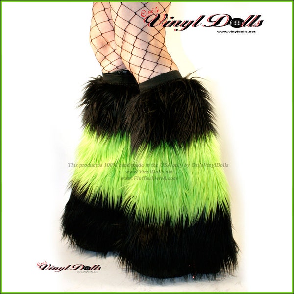 Rave Furry Leg Warmers Black Lime Green Fluffies Fuzzy Boot Covers, Rave Boot Sleeves, Burning Man Gear, Playa Wear