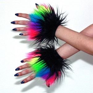 Furry Wrist Cuffs Black Rainbow Rave Fluffy Hand/Arm Warmers