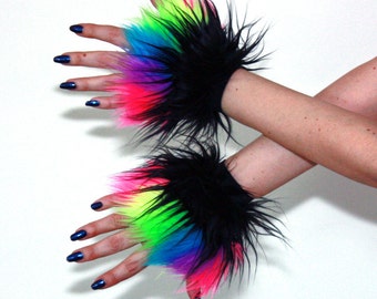 Furry Wrist Cuffs Black Rainbow Rave Fluffy Hand/Arm Warmers