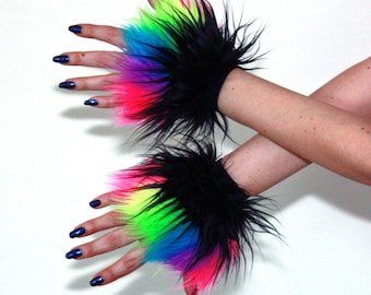 Furry Wrist Cuffs Black Rainbow Rave Fluffy Hand/Arm Warmers