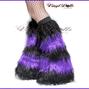 May include: Purple and black faux fur leg warmers. The leg warmers are striped with alternating bands of purple and black fur.
