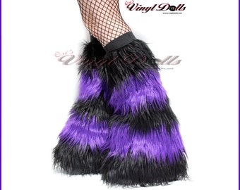 Striped Rave Fluffies - Black and Purple Furry Boot Covers, Leg Warmers