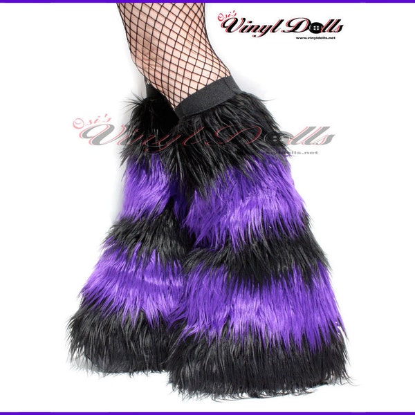 Striped Rave Fluffies - Black and Purple Furry Boot Covers, Leg Warmers