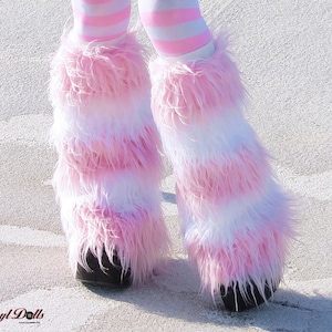 Lichtroze wit gestreepte Rave Fluffies Raver harige beenwarmers